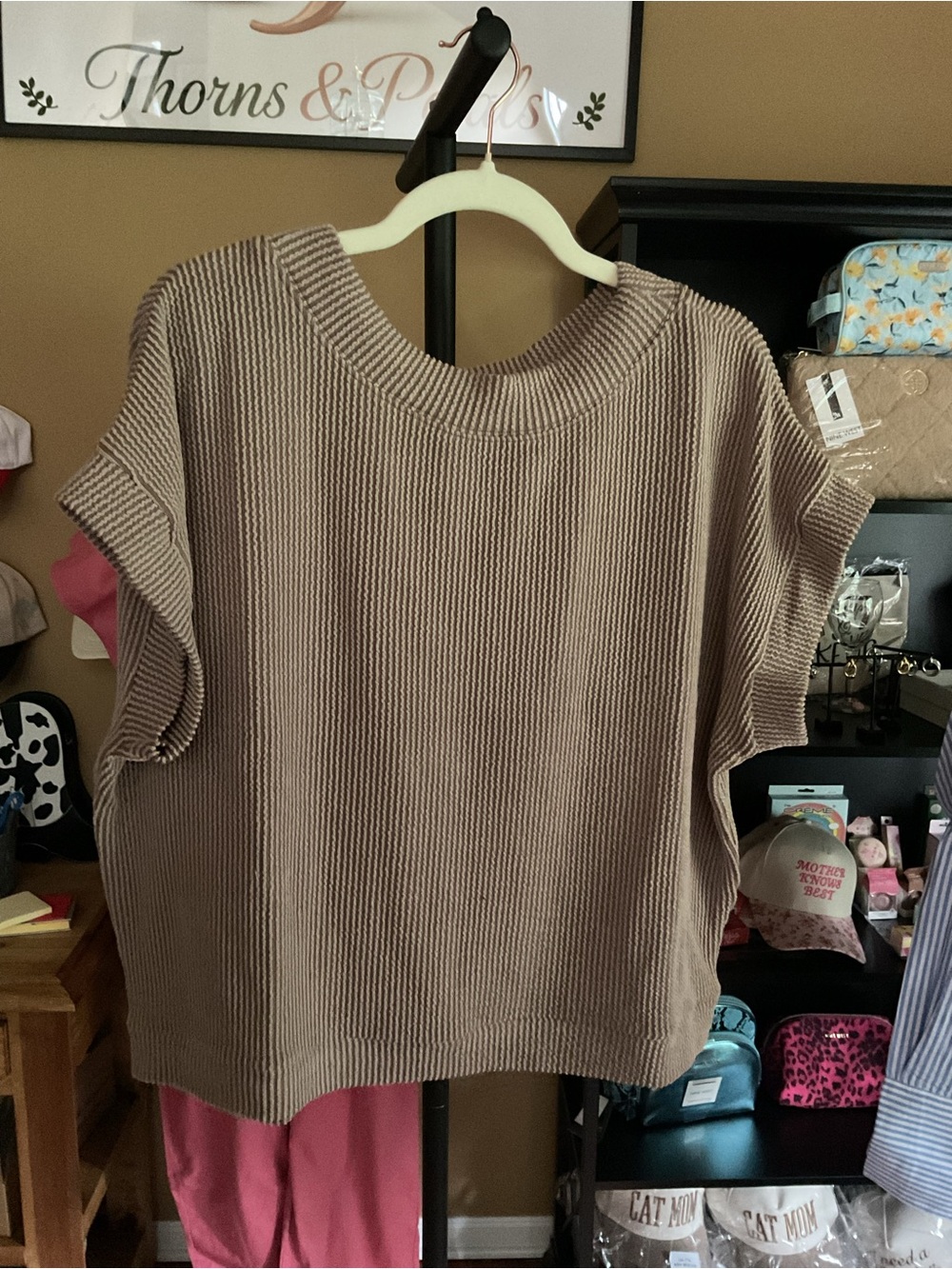 Zenana Outfitters Ribbed Short-Sleeve Crew Sweater - Taupe